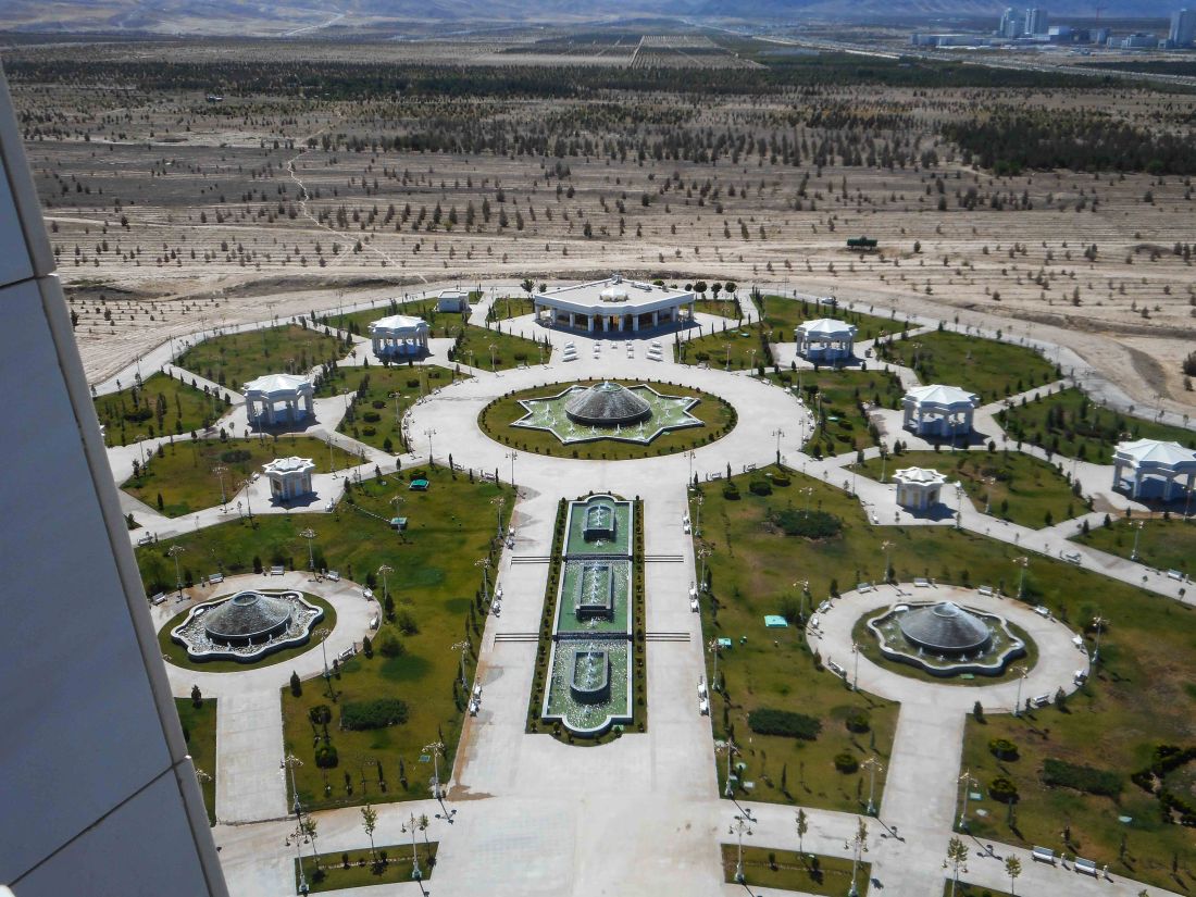 Side view from top of Arc showing dying artificial forest and popular restaurant.